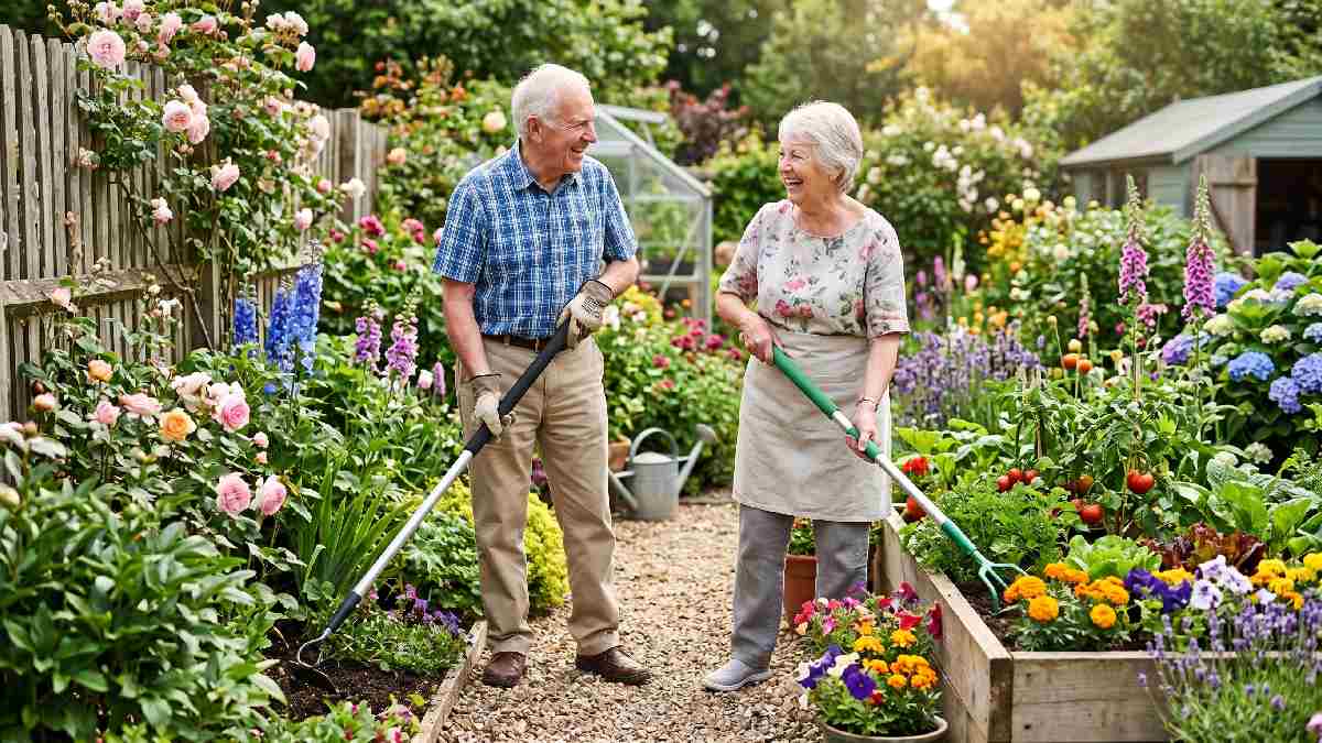 Happy senior couple gardening comfortably upright using ergonomic tools with padded grips showing reduced strain independence and joy of pain-free gardening.