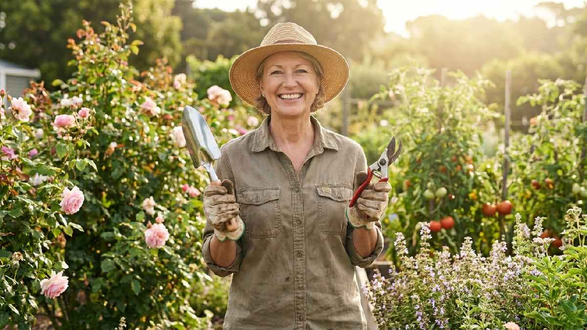 Happy woman gardener holding lightweight ergonomic trowel and pruning shears in green garden showing pain-free benefits of using lightweight gardening tools.