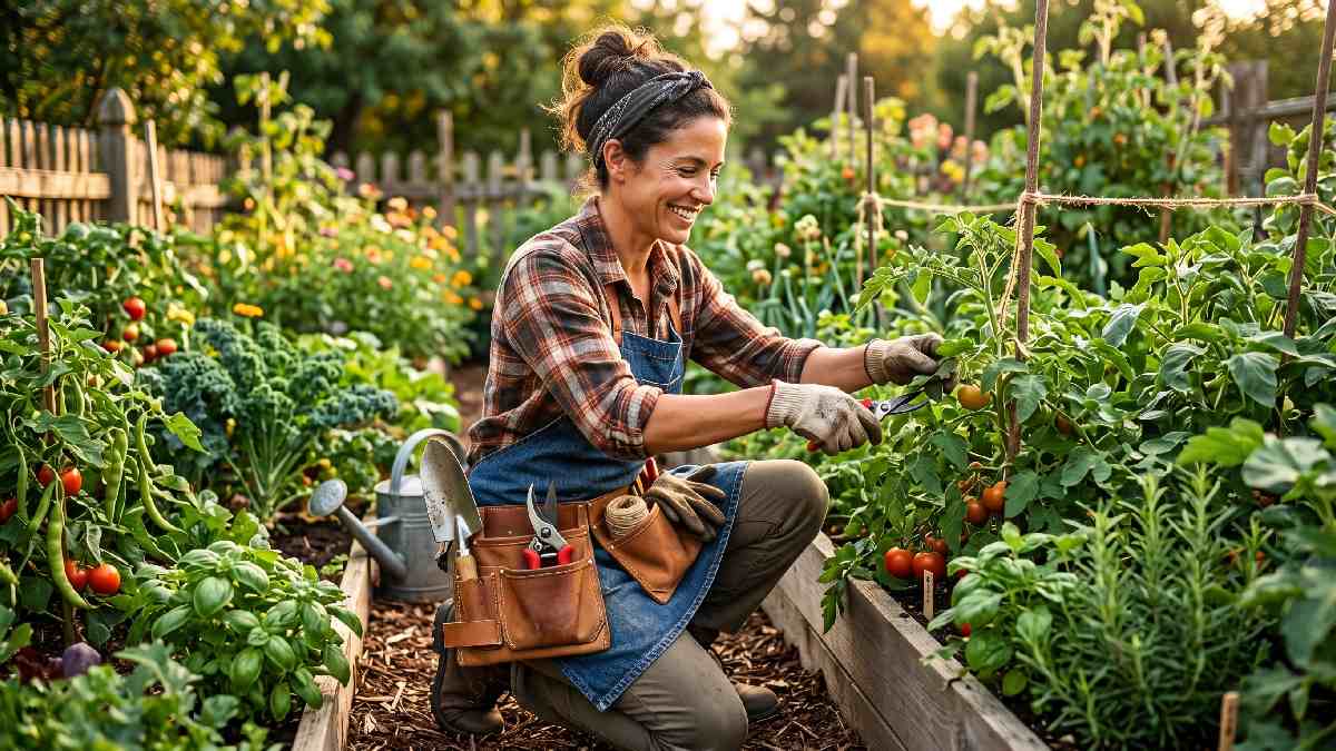 Happy gardener wearing a loaded tool belt in a vegetable garden showing benefits of using a gardening tool belt outdoors.