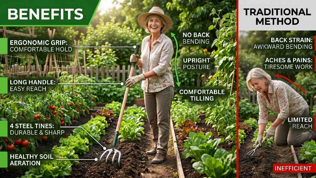 Happy gardener standing upright using long handle garden cultivator loosening soil between vegetable rows showing back strain free gardening benefits. 