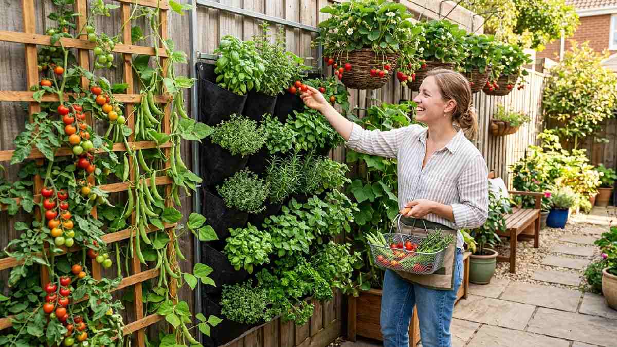 Person harvesting vegetables at eye level from vertical garden wall showing space saving and easy harvesting benefits for small areas.