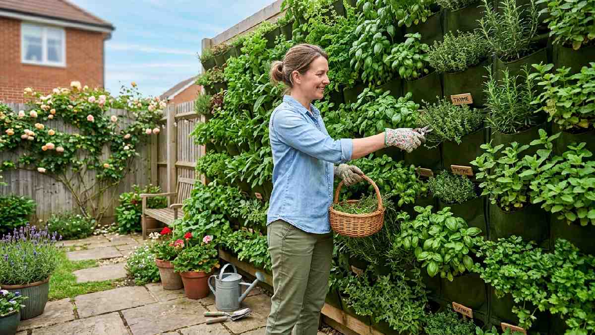 Person harvesting herbs at eye level from vertical garden wall showing space saving and easy harvesting benefits clearly.