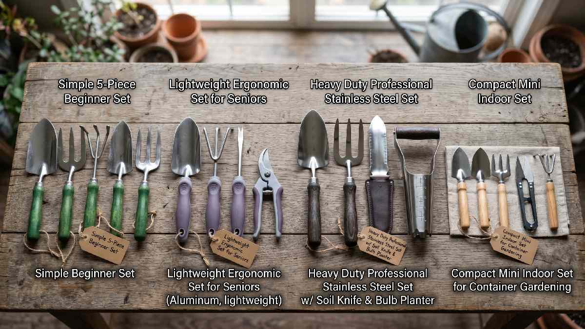 Four different garden hand tool sets for beginners seniors professionals and indoor gardeners displayed side by side on wooden surface.