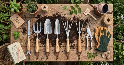 Complete best garden hand tools set including trowel fork weeder pruning shears rake and gloves arranged on wooden surface for gardeners.