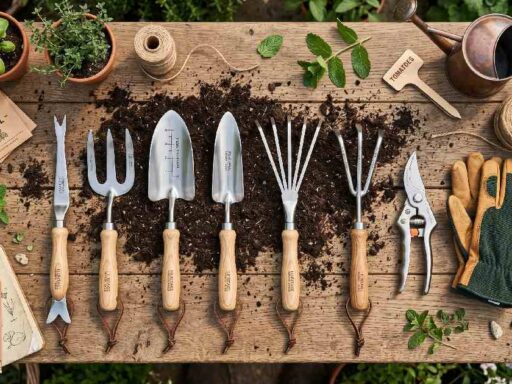 Complete best garden hand tools set including trowel fork weeder pruning shears rake and gloves arranged on wooden surface for gardeners.
