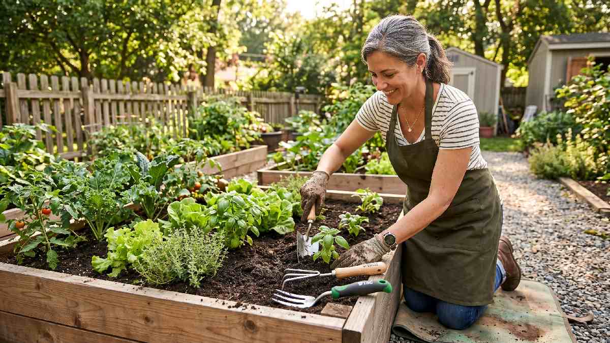 Gardener using compact trowel and hand tools inside wooden raised bed showing best gardening tools for raised bed gardens.