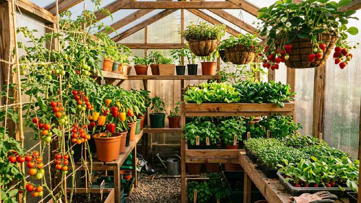 Best plants for small DIY greenhouse including tomatoes peppers lettuce herbs basil strawberries microgreens and radishes growing on organized shelves inside.
