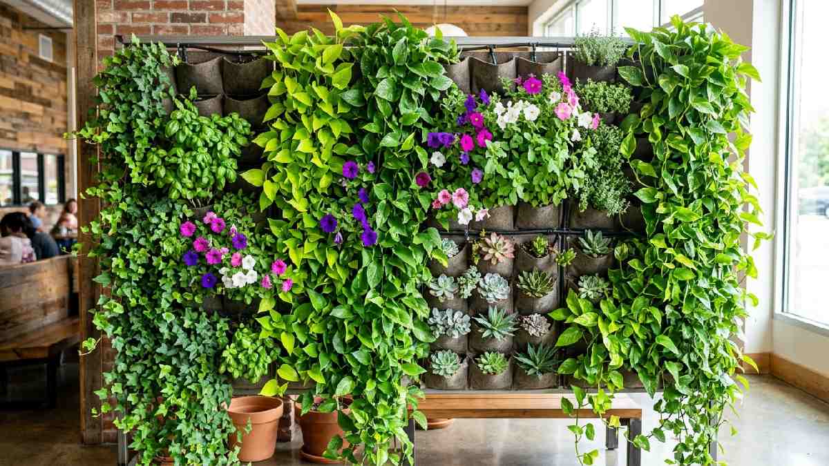 Vertical garden wall filled with pothos herbs petunias and succulents showing best plants suited for wall gardening.