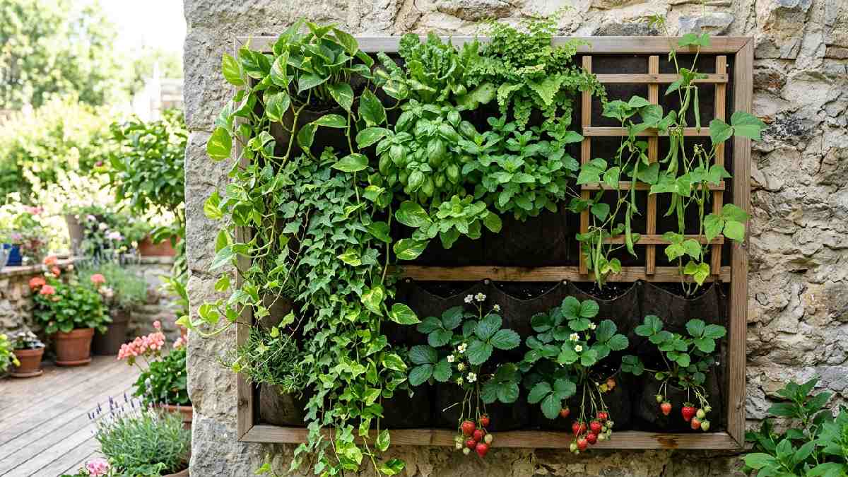 Vertical garden wall with trailing pothos herbs climbing beans and strawberries showing best plants suited for vertical gardening setups.