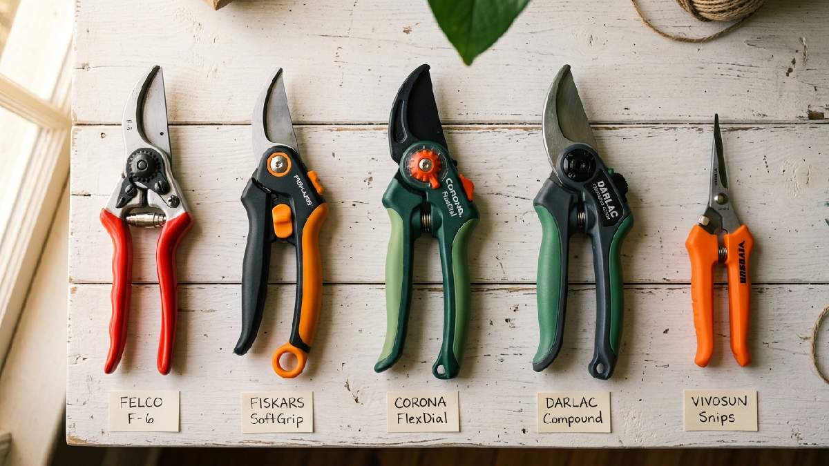 Top 5 best pruning shears for small hands including Felco F-6 Fiskars SoftGrip Corona FlexDial Darlac and VIVOSUN micro-tip snips displayed together.