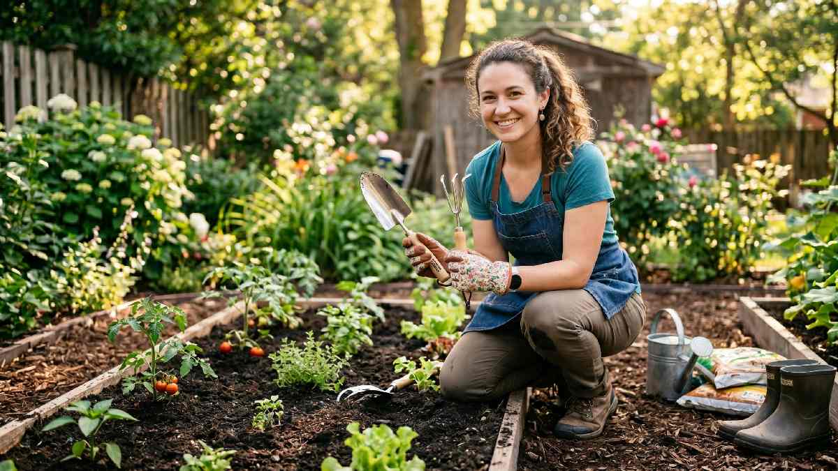 Beginner gardener holding starter trowel rake and gloves beside garden bed showing best Tractor Supply gardening tools for beginners.