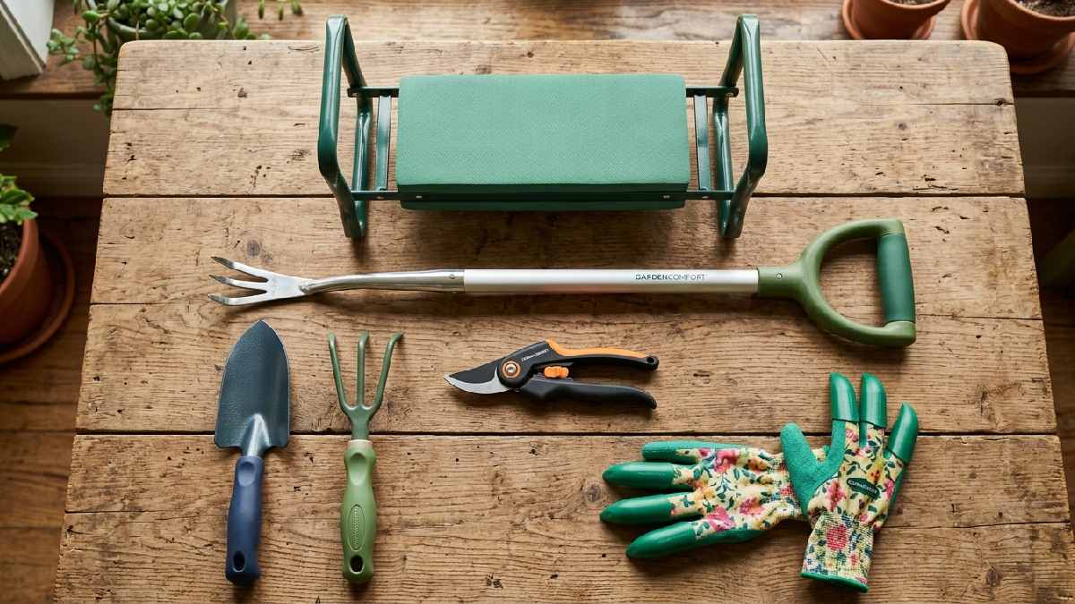Best ergonomic garden tools for seniors including curved trowel ratchet pruners long handle weeder kneeler seat and garden claw gloves displayed together.