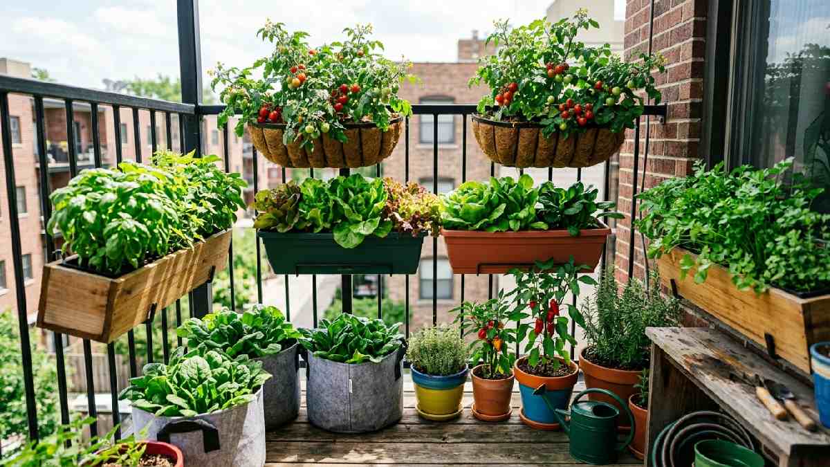Best vegetables for small balcony and pot spaces including cherry tomatoes lettuce spinach chili peppers herbs and carrots in containers.