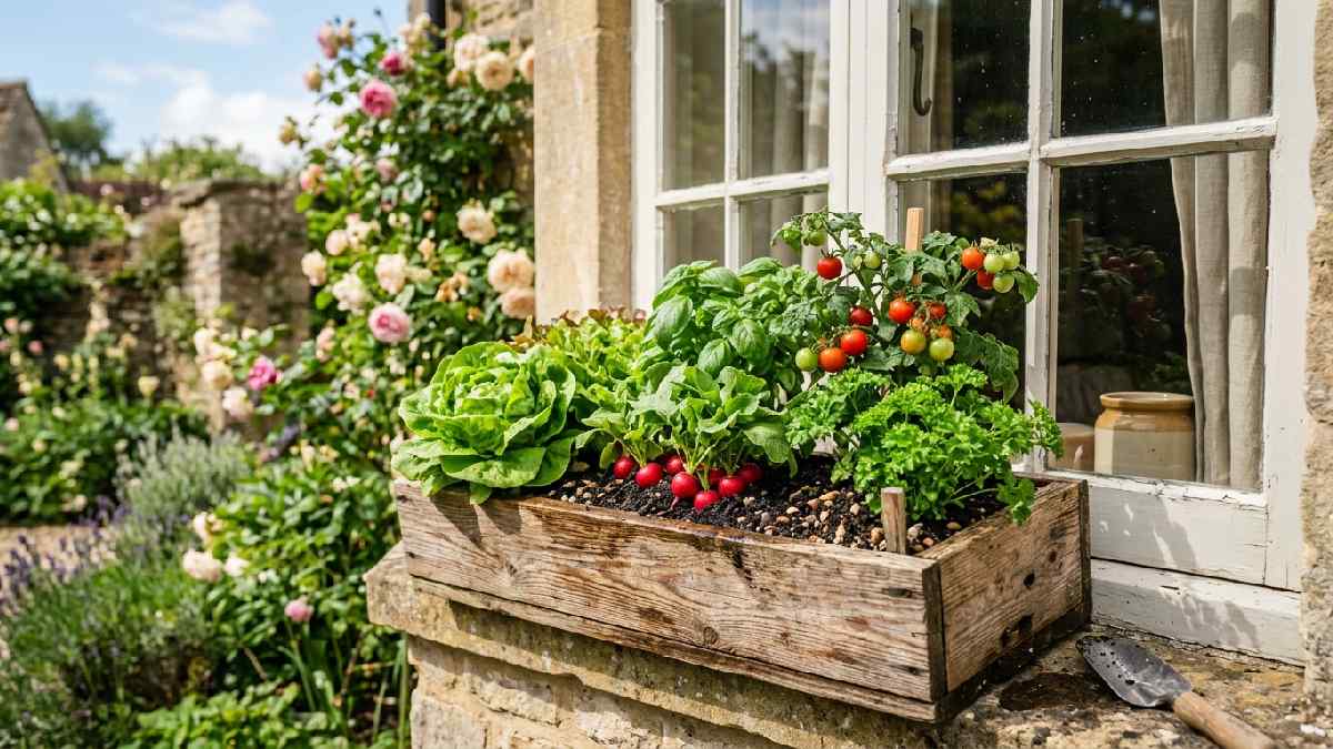 Window box filled with lettuce radishes dwarf tomatoes and herbs showing best compact vegetables for small space window gardening.