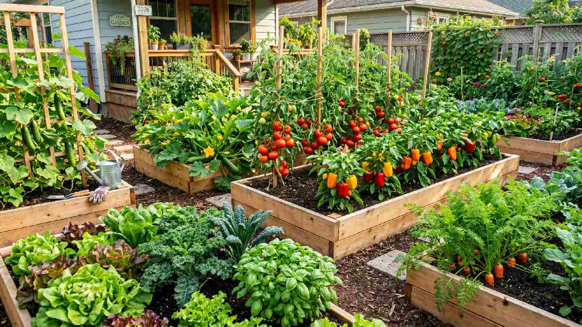 Best vegetables to grow at home in 2026 including tomatoes zucchini bell peppers lettuce cucumbers carrots kale and basil in garden beds.