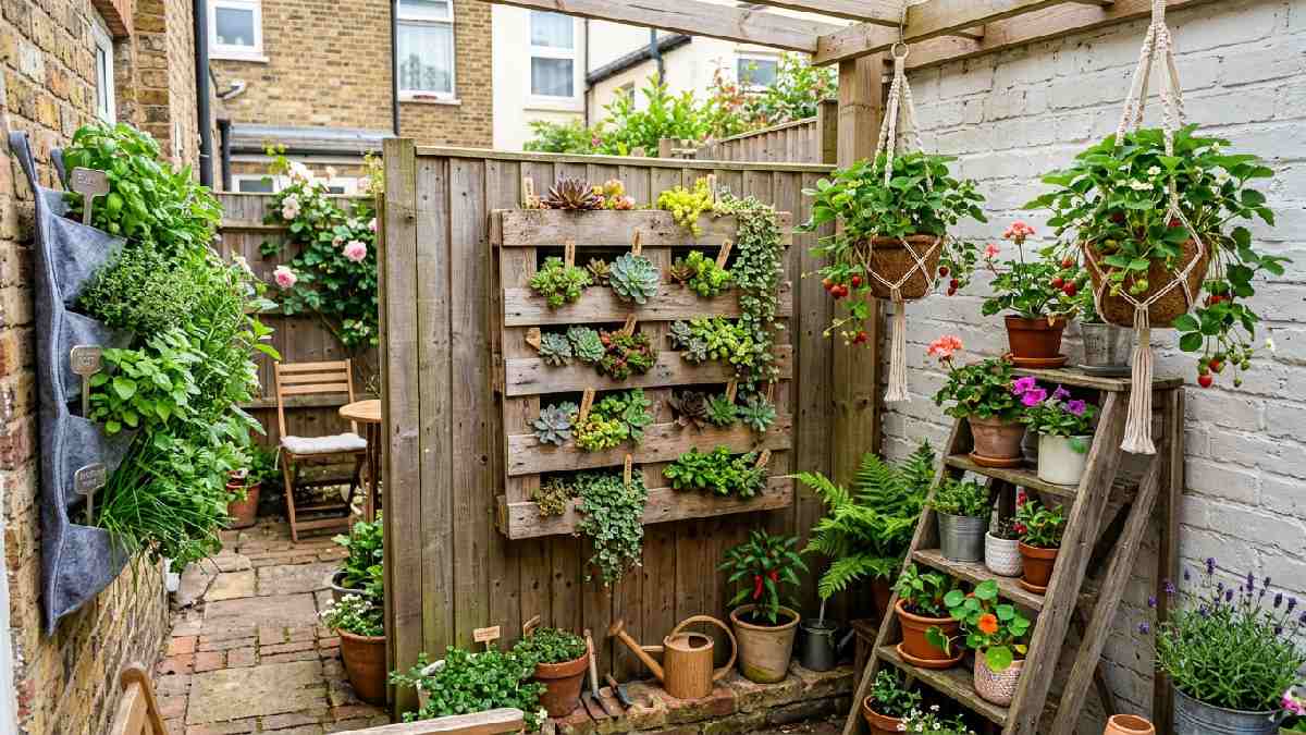 Wall pocket planters pallet garden hanging baskets and tiered shelves showing best vertical garden ideas for small outdoor spaces.