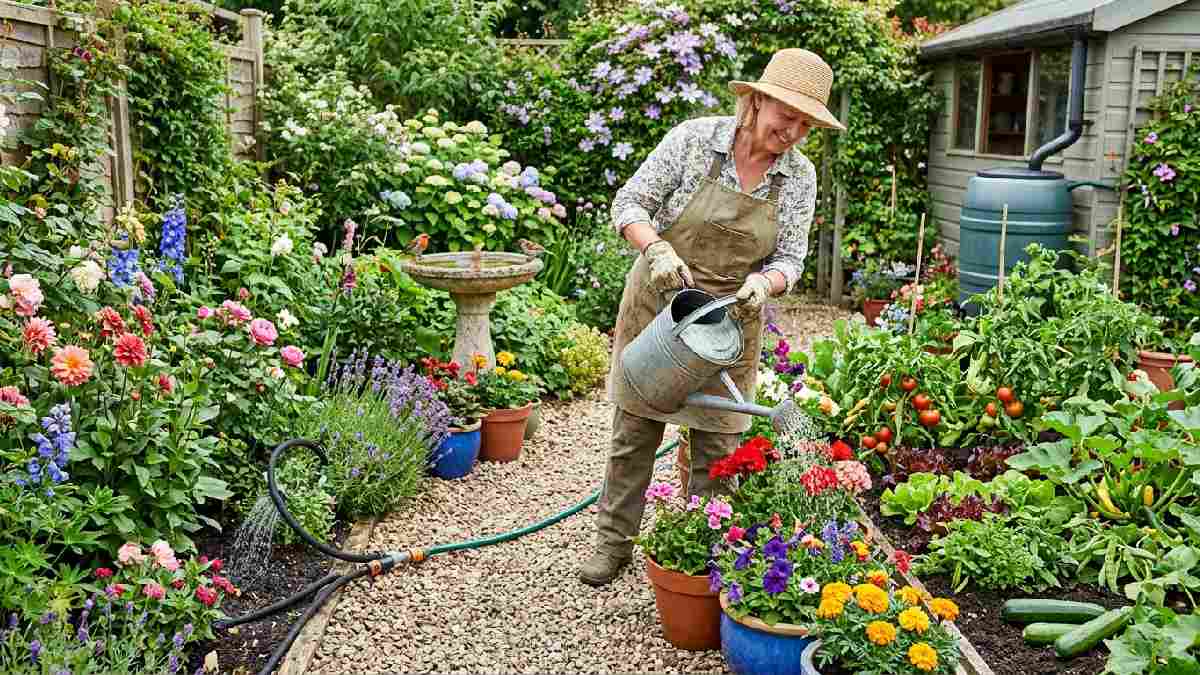 Gardener watering potted plants and flower beds using harvested rainwater showing best ways to use collected rain in the garden.