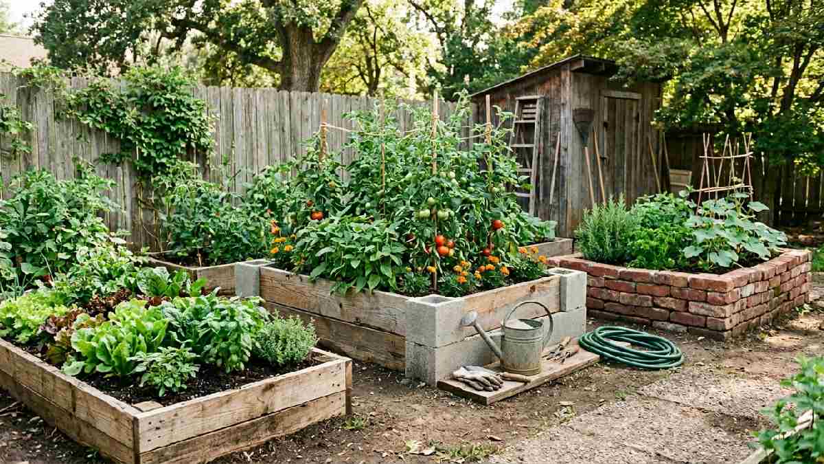 Pallet wood, cinder block, and brick raised garden beds filled with vegetables showing cheap DIY garden bed ideas for backyards. 