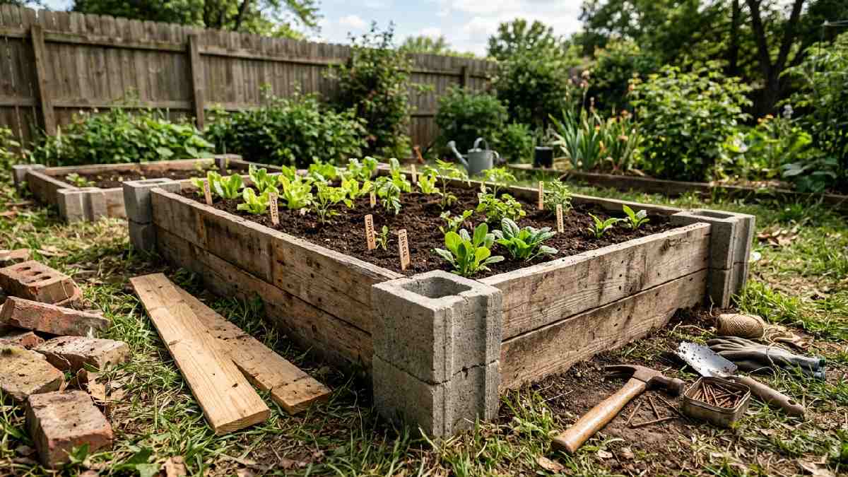 DIY raised garden bed built from recycled wooden pallets and cinder blocks showing cheapest materials for budget friendly home gardening. 