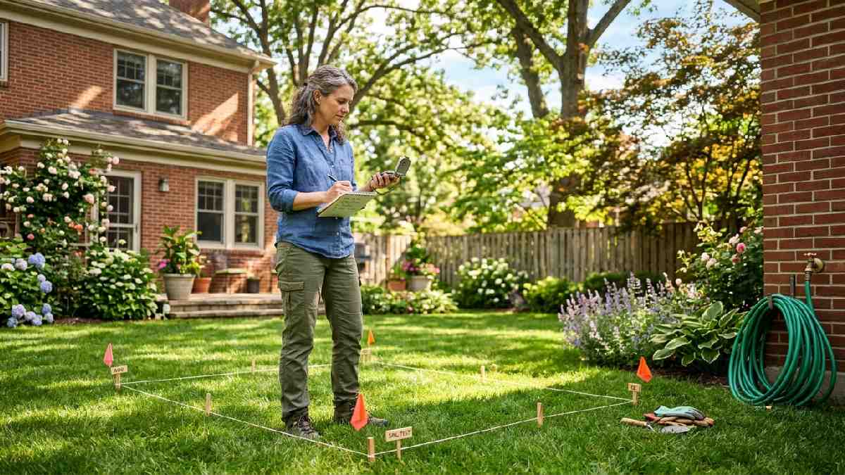 Homeowner evaluating sunny backyard spot with compass and notepad showing how to choose the right space for a garden.