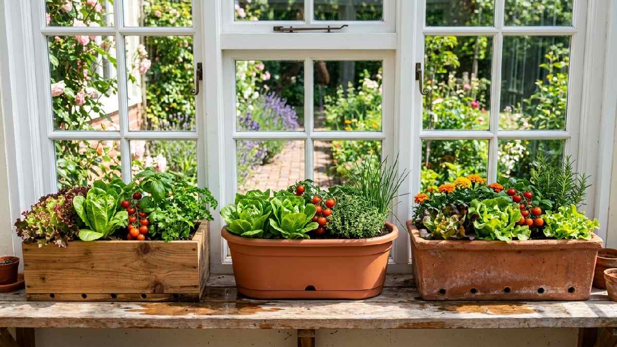 Wood plastic and terracotta window boxes filled with vegetables showing how to choose the right material and depth for growing.