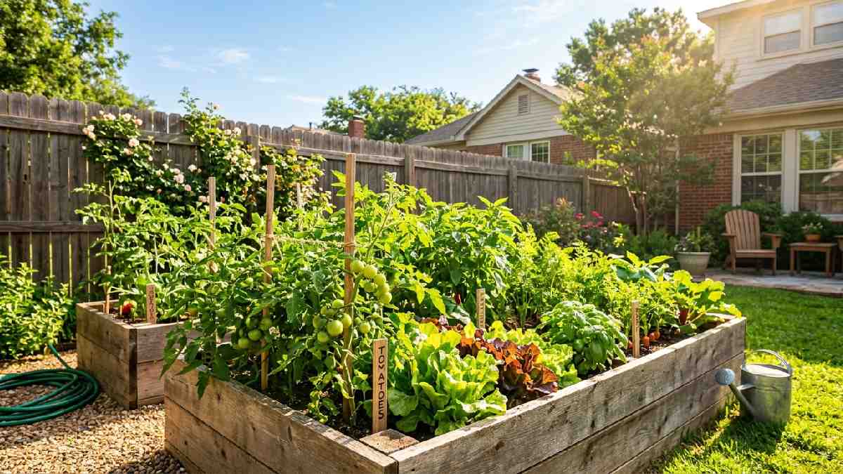 Raised garden bed placed in full sunlight location receiving six to eight hours of direct sun daily for optimal plant growth. 