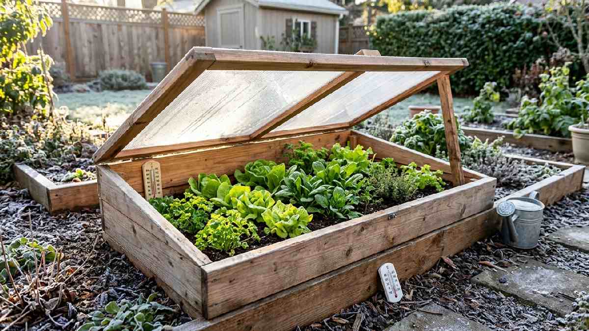 DIY cold frame greenhouse for tiny spaces with wooden box frame angled polycarbonate lid over lettuce spinach seedlings extending growing season.