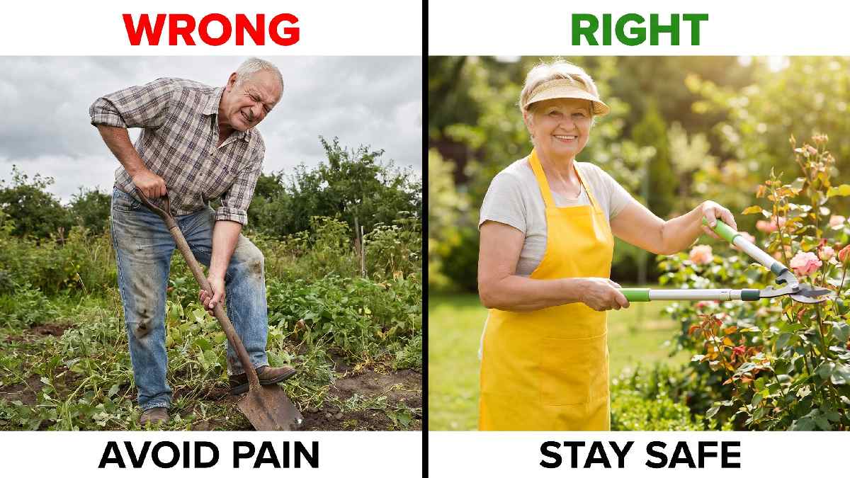 Senior struggling with heavy non-ergonomic tools on left versus senior using ergonomic tools correctly showing common gardening mistakes seniors should avoid.