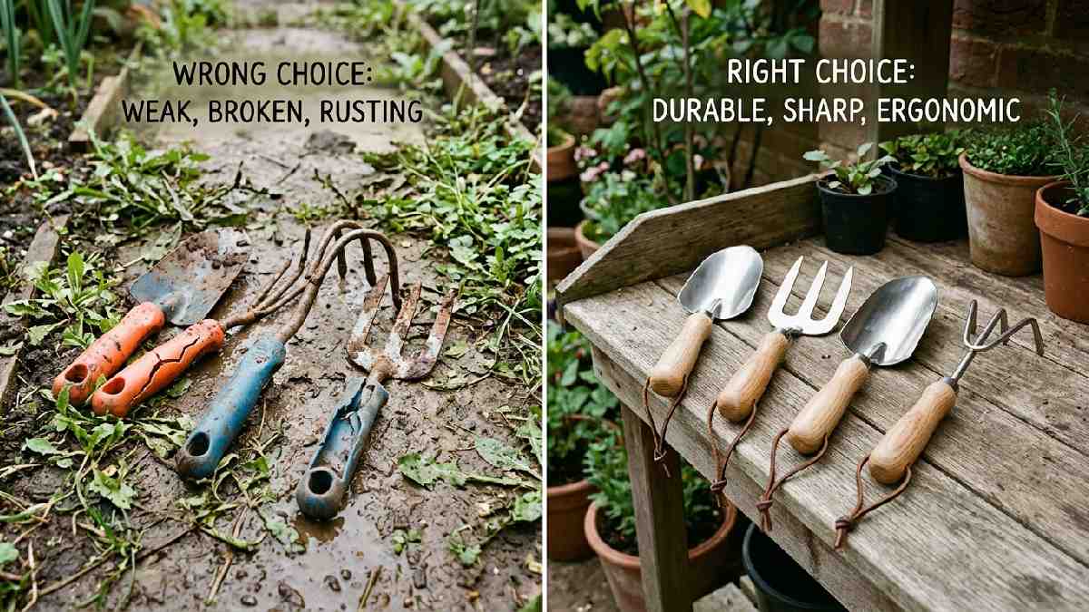Broken cheap plastic gardening tools on left versus quality stainless steel ergonomic tools on right showing common mistakes when buying gardening tools.