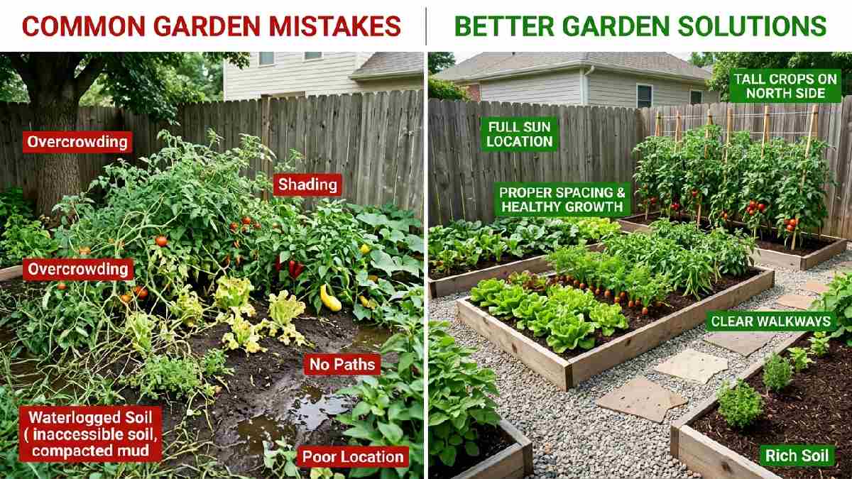 Common backyard garden layout mistakes showing overcrowding wrong sun placement no pathways tall plants shading small ones versus correct well-planned garden.