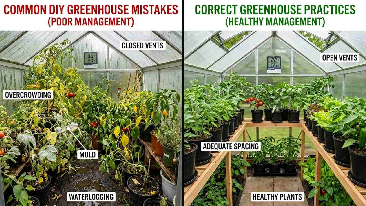 Common DIY greenhouse mistakes including overwatering poor ventilation overcrowding ignoring pests wrong temperature and dirty pots that beginners should avoid for healthy plants.