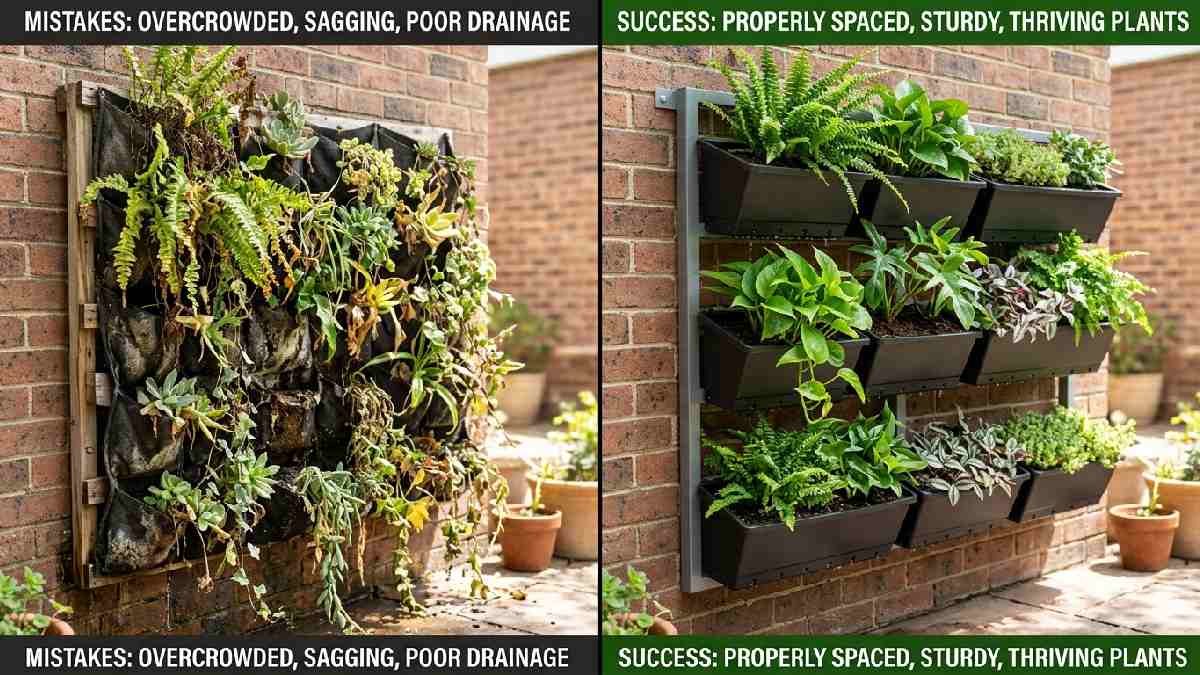 Sagging overcrowded wall versus sturdy well-drained vertical garden showing common mistakes to avoid when building one.