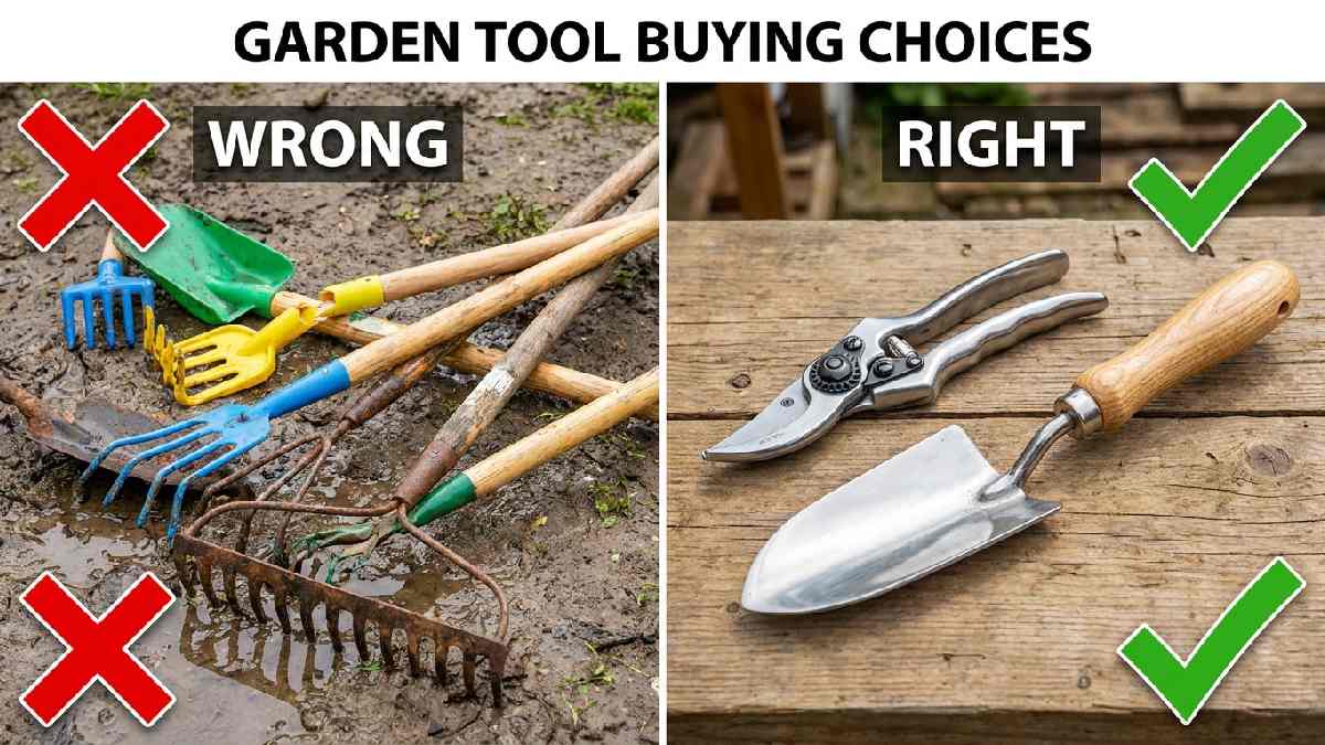 Broken cheap plastic garden tools on left versus quality stainless steel ergonomic tools on right showing common mistakes to avoid when buying.