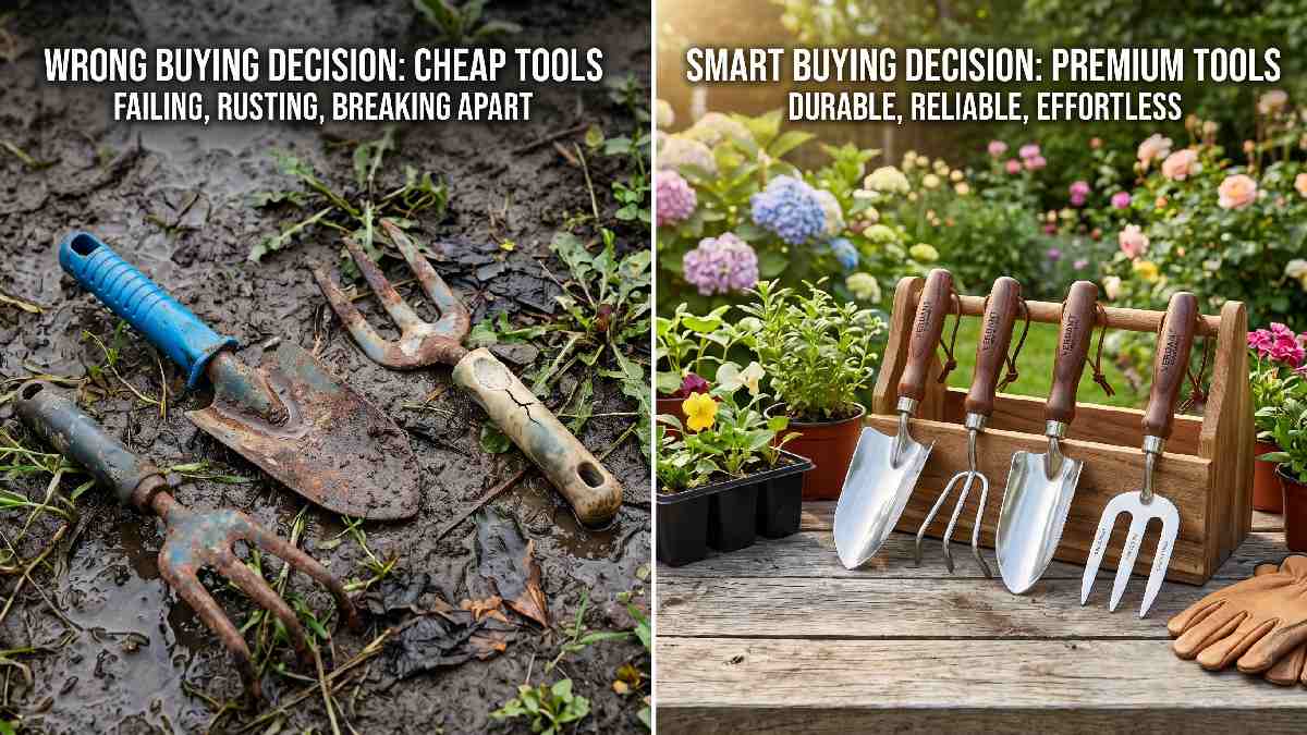 Broken cheap plastic garden tools on left versus quality stainless steel ergonomic tools on right showing common buying mistakes to avoid.