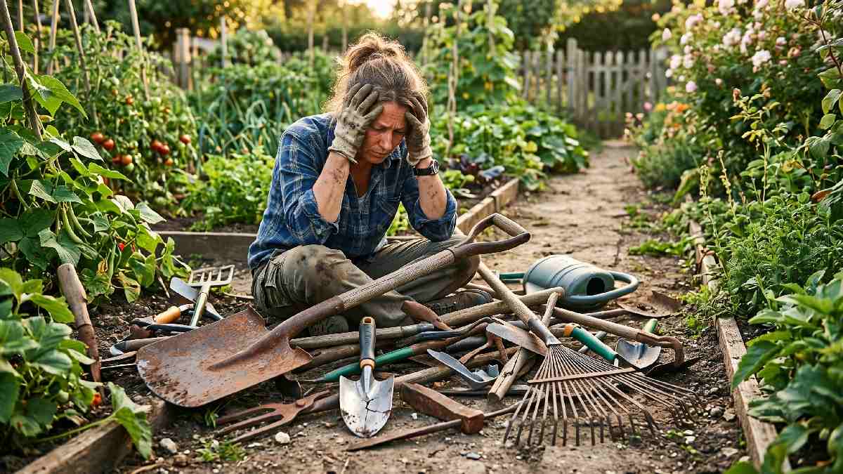 Frustrated gardener surrounded by broken rusty tools showing common mistakes to avoid when buying gardening tools for gardens.