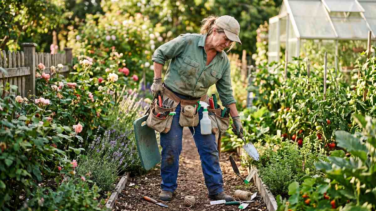 Gardener struggling with overloaded disorganized tool belt showing common mistakes to avoid when using a gardening tool belt.