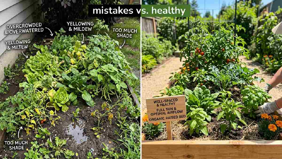 Common home gardening mistakes including overcrowding plants overwatering poor soil wrong timing and insufficient sunlight that beginners should avoid for healthy harvests.