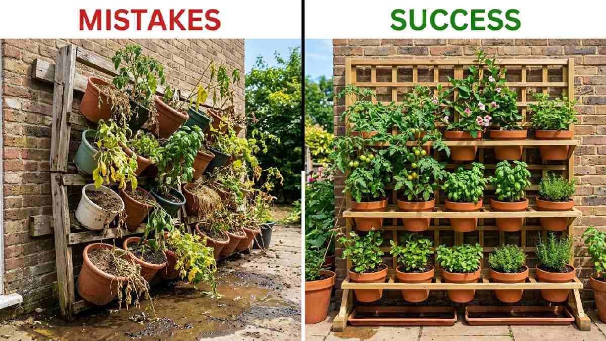 Collapsing overloaded wall planter versus sturdy trellis with healthy plants showing common mistakes to avoid in vertical gardening setups.