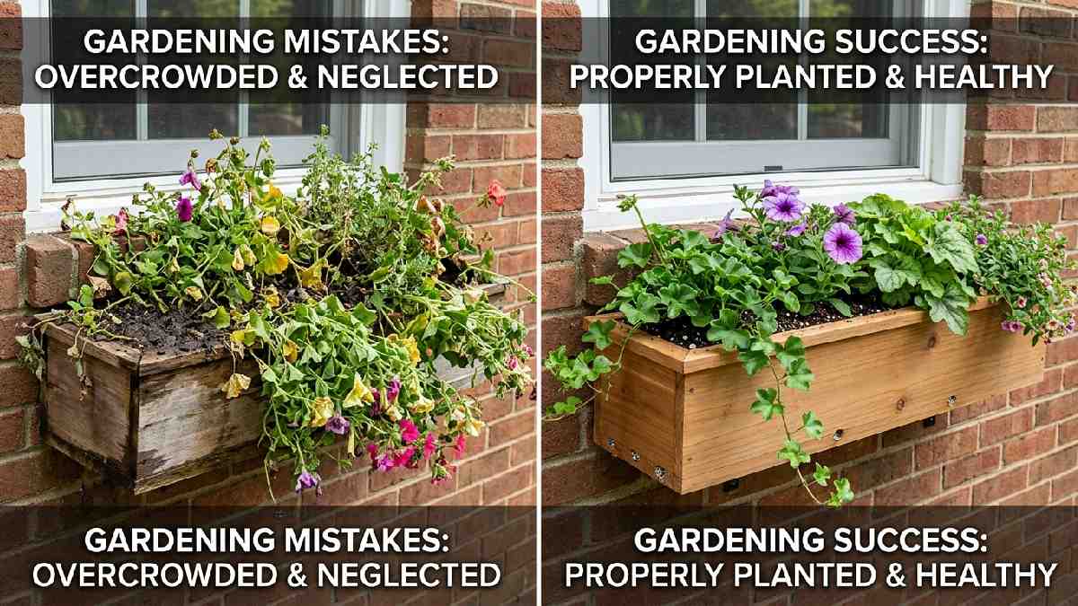 Overcrowded wilting window box versus properly spaced healthy plants showing common mistakes to avoid in window box gardening.