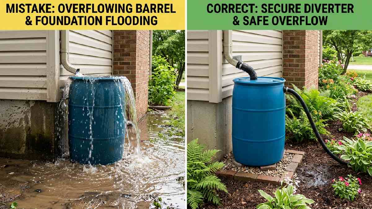 Overflowing rain barrel flooding foundation versus properly diverted overflow showing common rainwater harvesting mistakes to avoid.