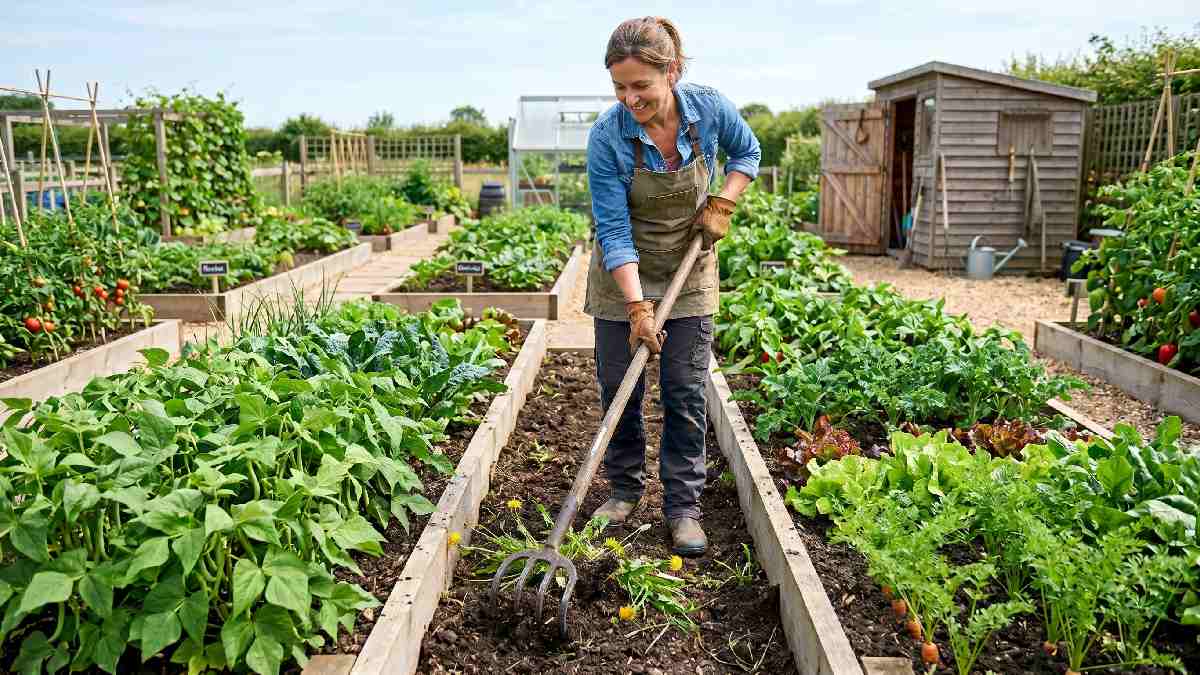 Gardener using long handle garden cultivator between vegetable rows to loosen soil remove weeds and mix compost in raised garden bed. 