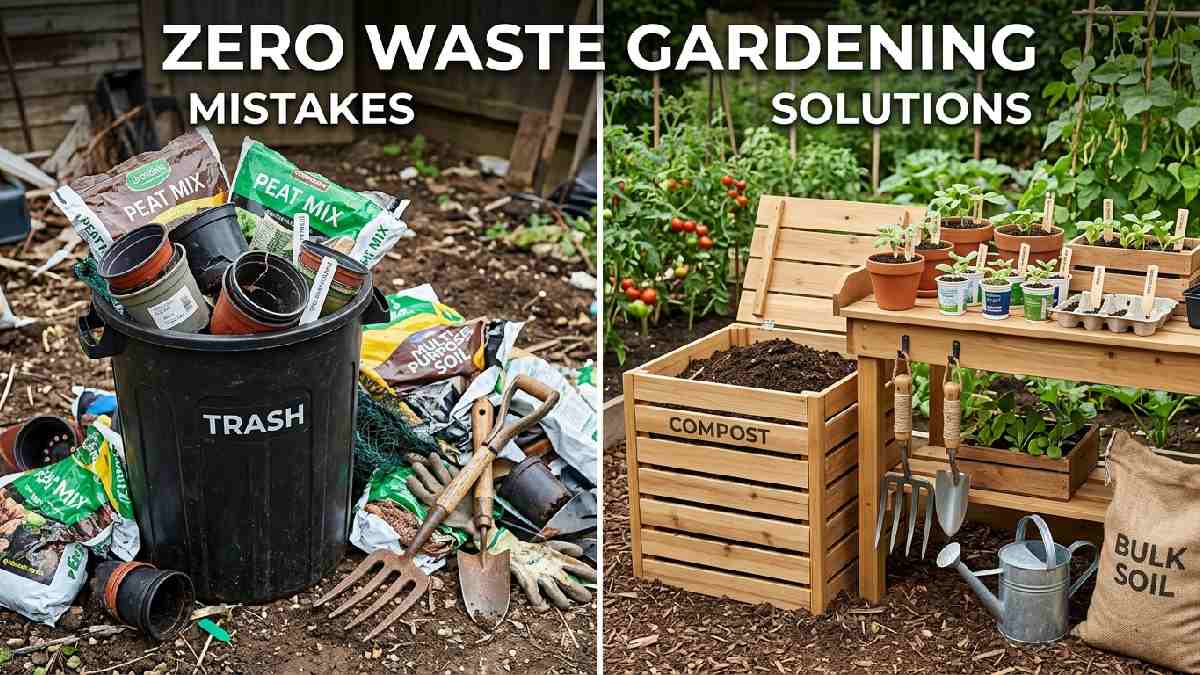 Plastic waste and broken tools thrown away versus organized compost and reused containers showing common zero waste gardening mistakes.