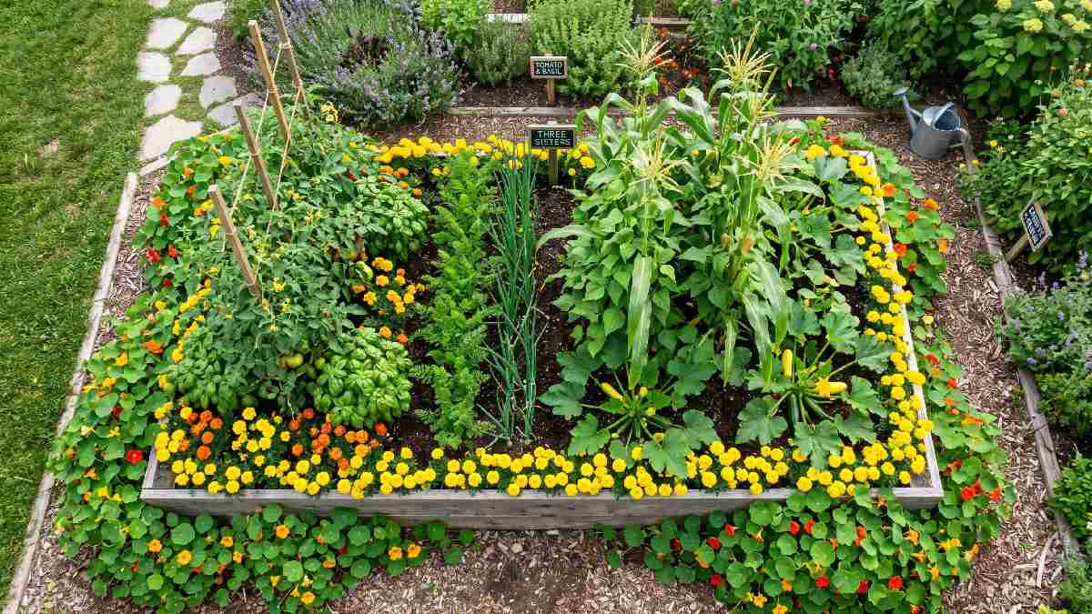 Companion planting layout strategy showing tomatoes with basil marigolds carrots with onions beans with corn squash and nasturtiums as border trap plants.