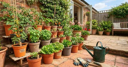 Terracotta and plastic pots with thriving tomatoes, basil, and lettuce, showing a container gardening for beginners setup outdoors.
