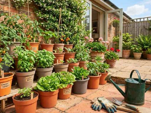 Terracotta and plastic pots with thriving tomatoes, basil, and lettuce, showing a container gardening for beginners setup outdoors.