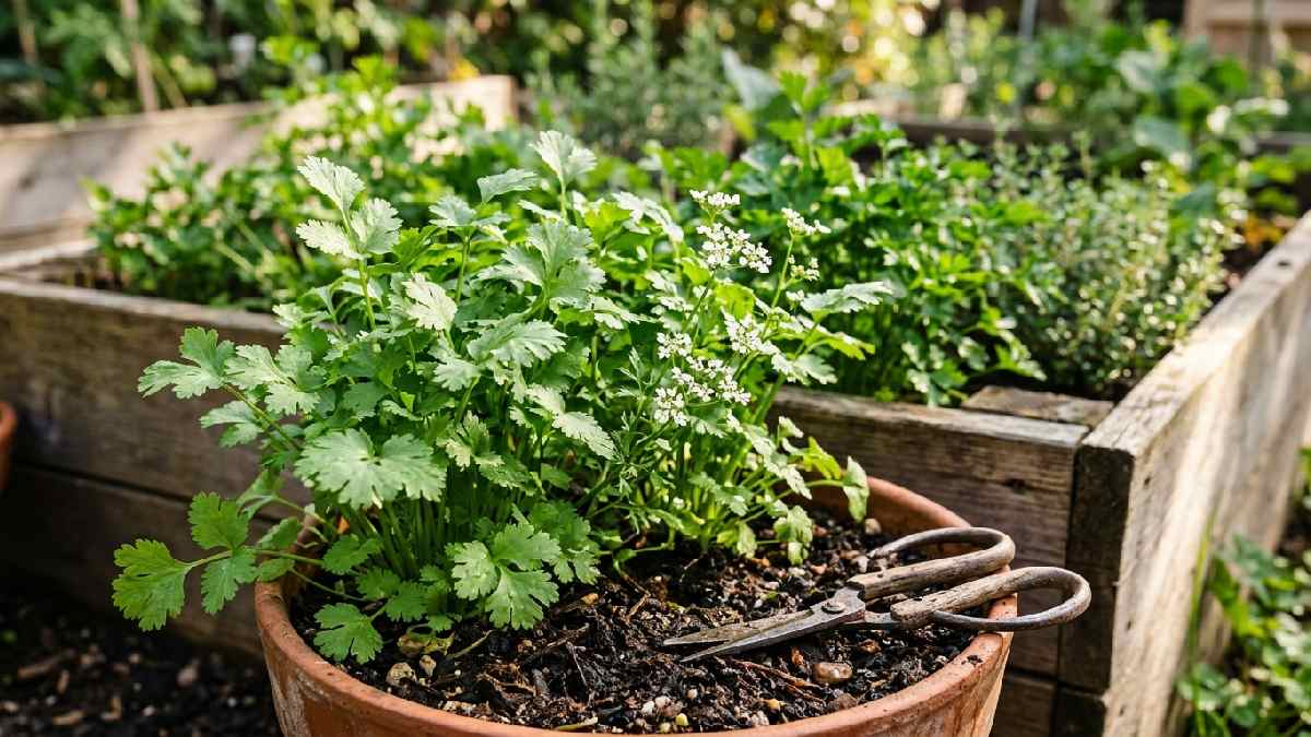 Fresh coriander cilantro plants with bright green feathery leaves growing in home garden pot and raised bed ready for harvest.