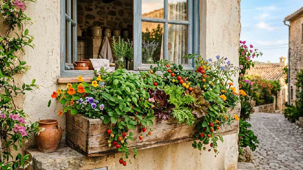 Creative window box with strawberries basil cherry tomatoes and lettuce mixed together showing inspirational vegetable garden ideas for windows.