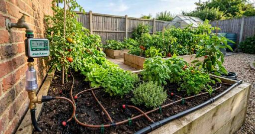 DIY drip irrigation system for garden showing black mainline tubing micro drip lines emitter heads automatic timer filter and pressure regulator in raised beds.