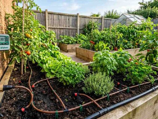 DIY drip irrigation system for garden showing black mainline tubing micro drip lines emitter heads automatic timer filter and pressure regulator in raised beds.