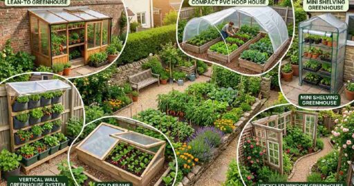 Best DIY greenhouse ideas for small gardens including lean-to PVC hoop shelving unit upcycled window cold frame and vertical space-saving designs.
